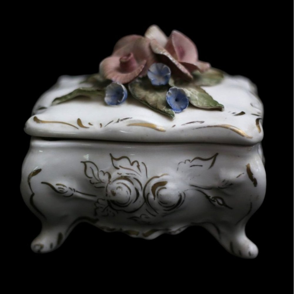 1940s Corday Rose Flower Porcelain Trinket Footed Box Vintage Cordey 3"x4"x4"